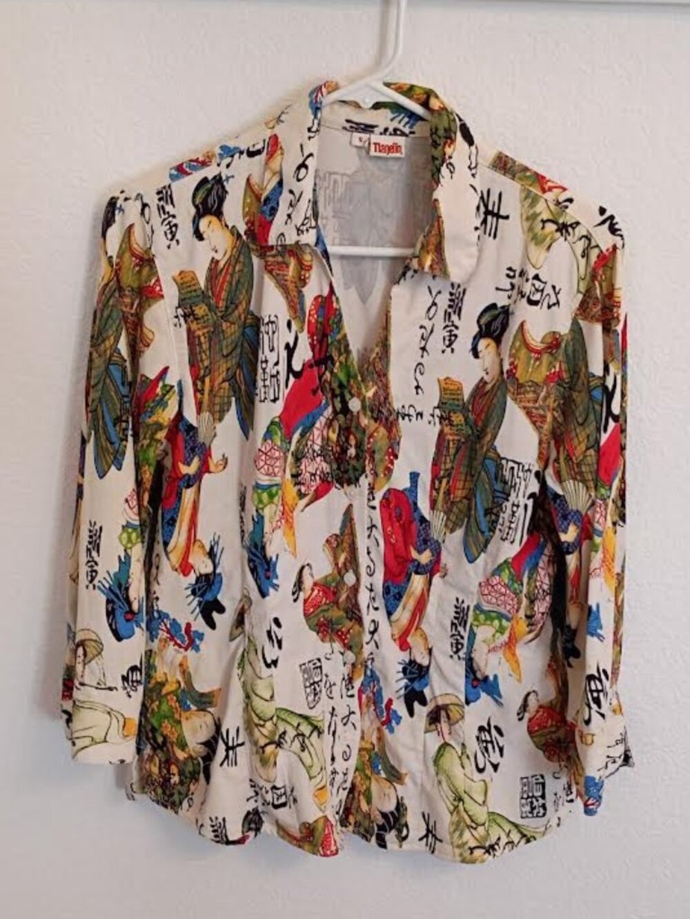 TIANELLO WOMEN'S TOP CREAM ASIAN GEISHA 3/4 SLEEVE BUTTON UP TENCEL RAYON SMALL